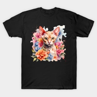 A devon rex cat decorated with beautiful watercolor flowers T-Shirt